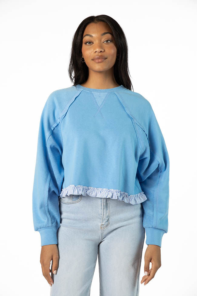 Away We Go Cropped Blue Stripe Ruffle Hem Crew Neck Sweatshirt