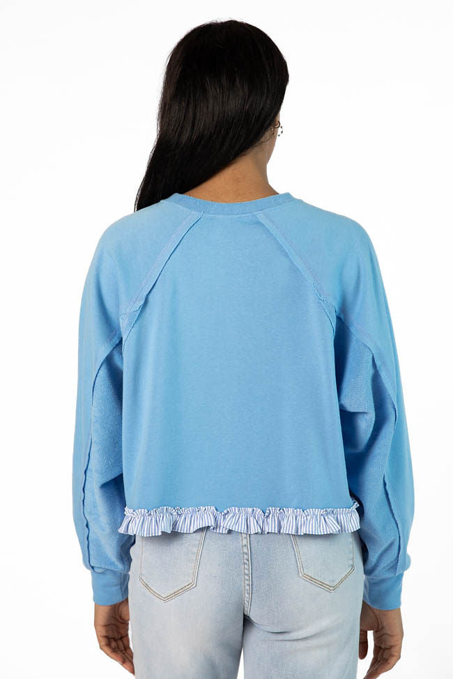 Away We Go Cropped Blue Stripe Ruffle Hem Crew Neck Sweatshirt