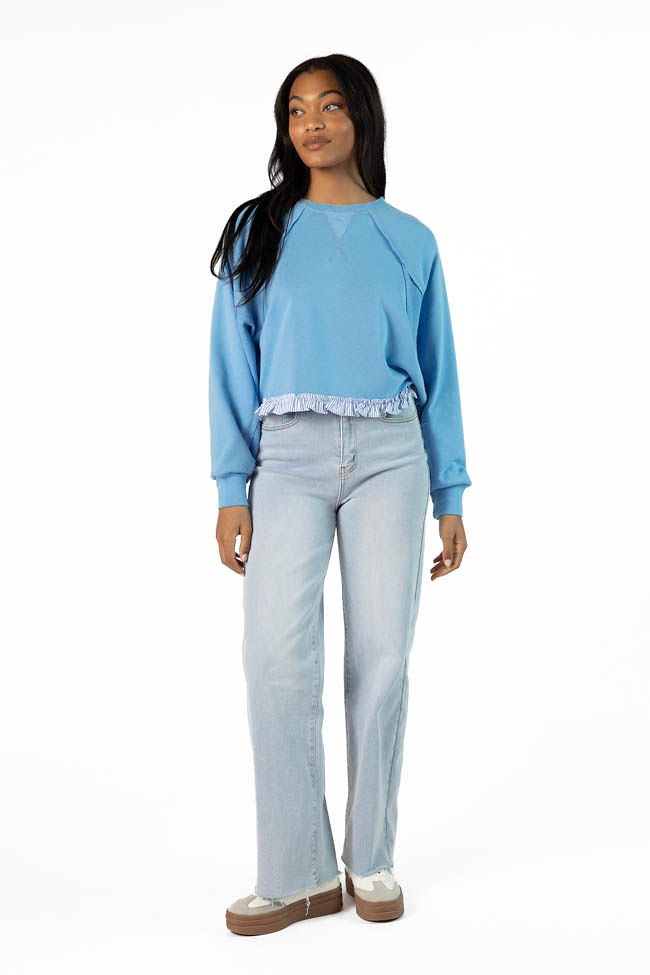 Away We Go Cropped Blue Stripe Ruffle Hem Crew Neck Sweatshirt