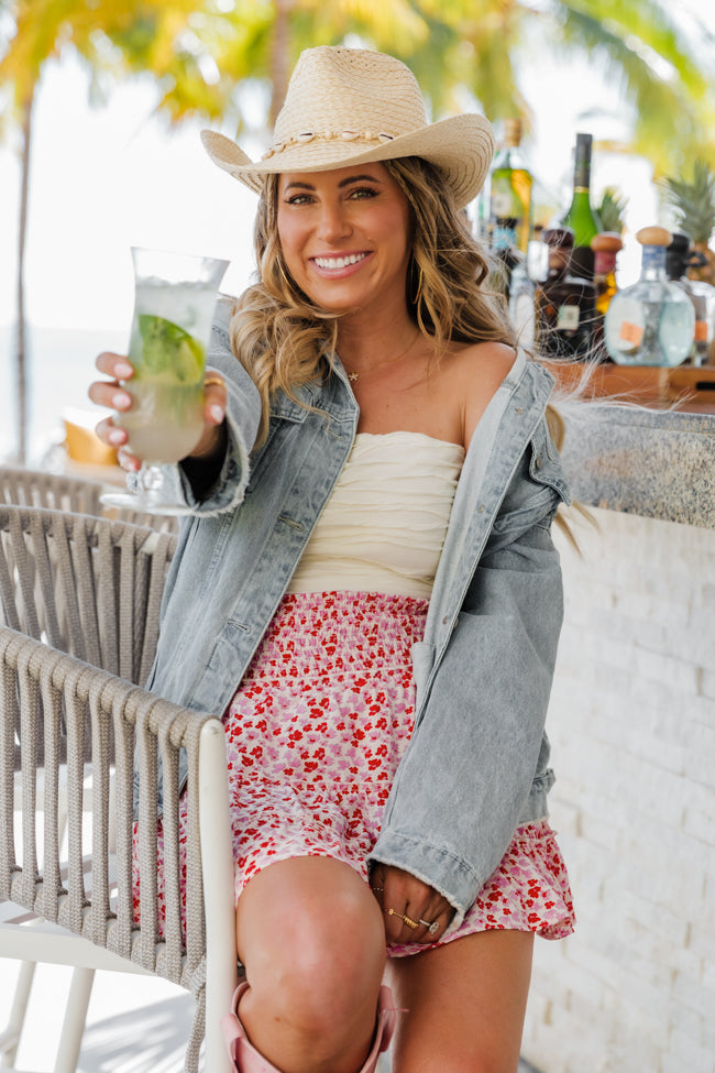 Through The Garden Ivory Pink And Red Floral Mini Skort