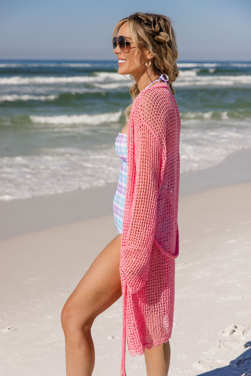 Nautical Charm Pink Open Knit Belted Cover Up Tori X Pink Lily