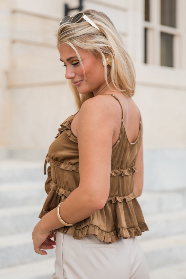 Downtown Meet Up Sand Satin Tie Front Ruffle Tank FINAL SALE