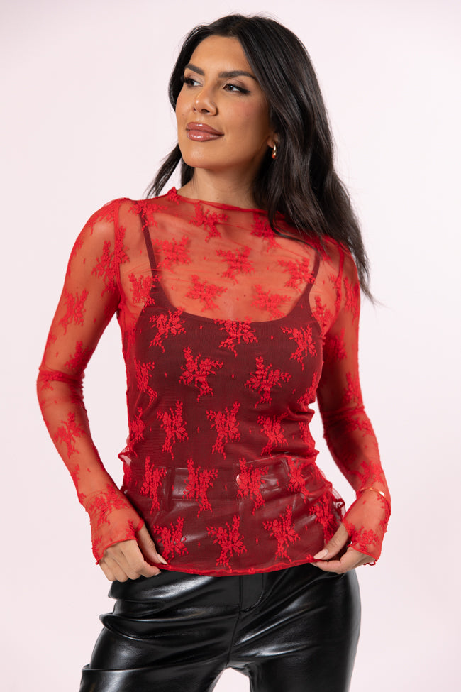 Speak Your Truth Red Mock Neck Lace Layering Blouse SALE