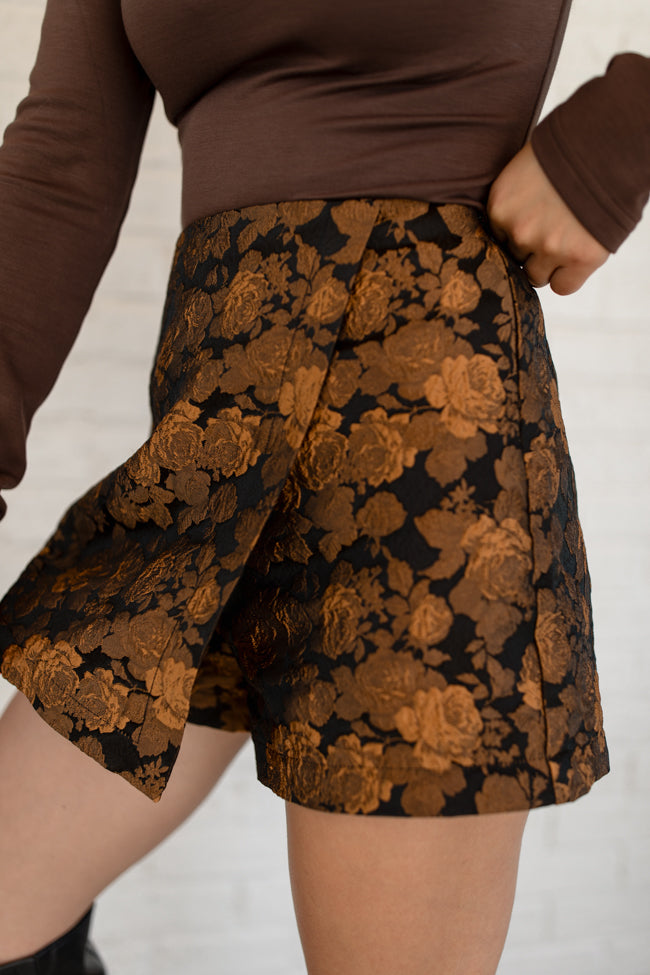 My Golden Hour Black and Bronze Floral Brocade Skort FINAL SALE