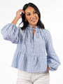 Fade Into You Blue Stripe Notched Neckline Button Detail Peplum Blouse