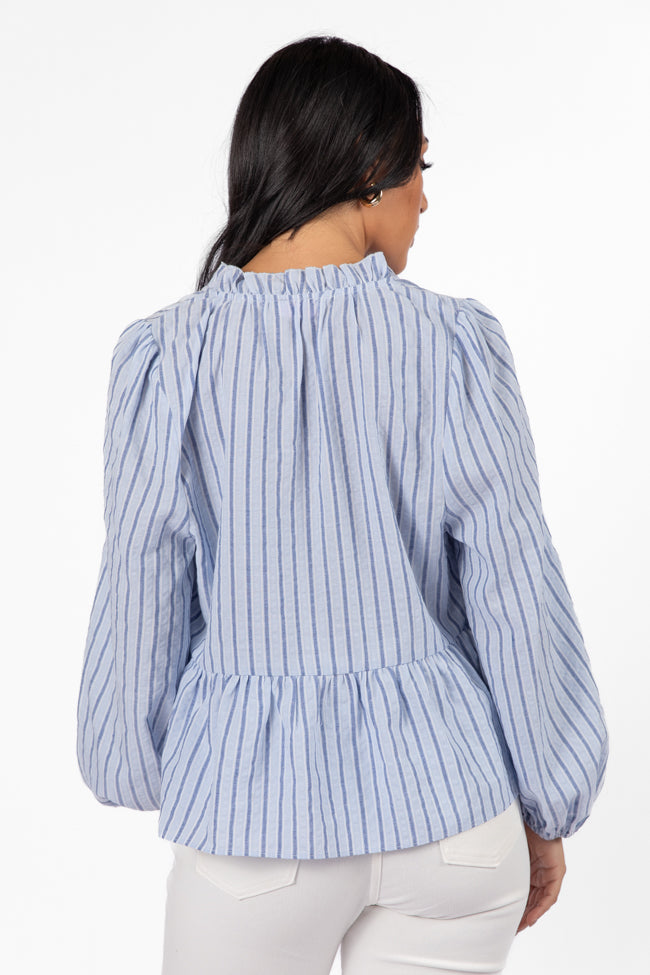 Fade Into You Blue Stripe Notched Neckline Button Detail Peplum Blouse