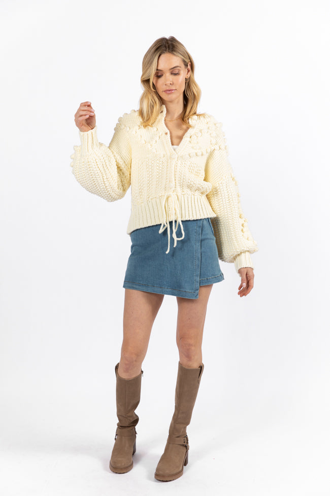 Pom Party Cream Chunky Cinched Waist Cardigan