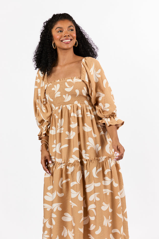 Swing Of Things Neutral Printed Smocked Midi Dress