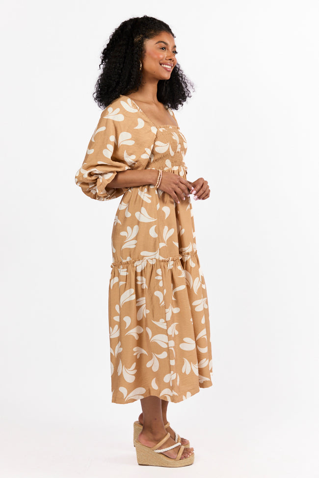 Swing Of Things Neutral Printed Smocked Midi Dress