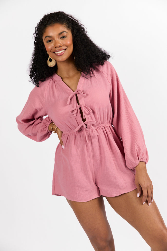 Endless Sunshine Pink Tie Front Long Sleeve Romper