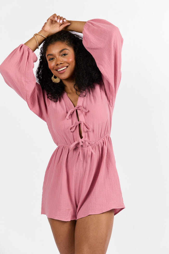 Endless Sunshine Pink Tie Front Long Sleeve Romper