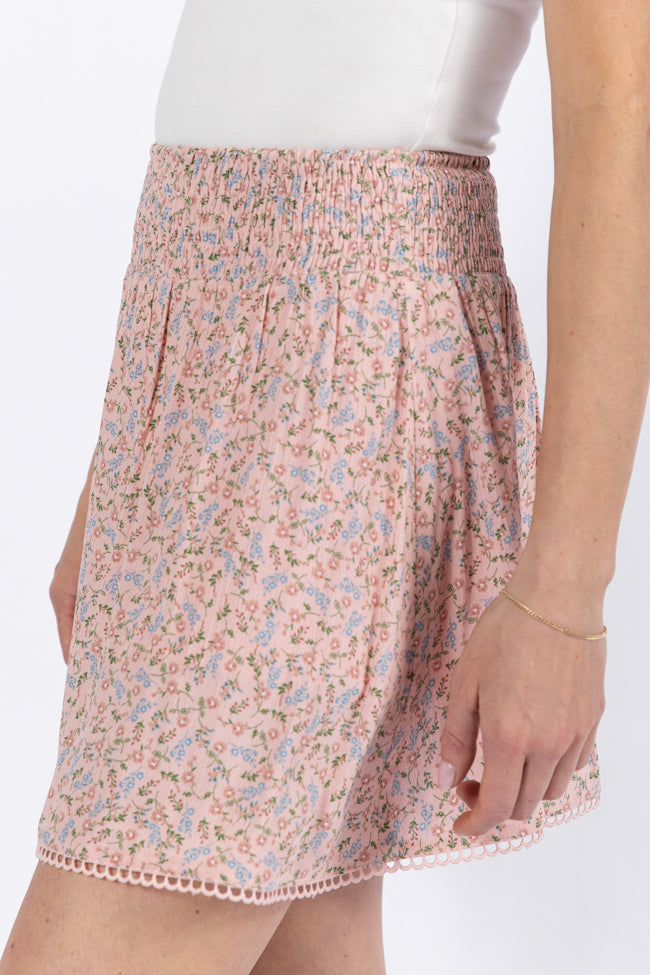 Through The Garden Pink Multi Floral Eyelet Trim Mini Skort