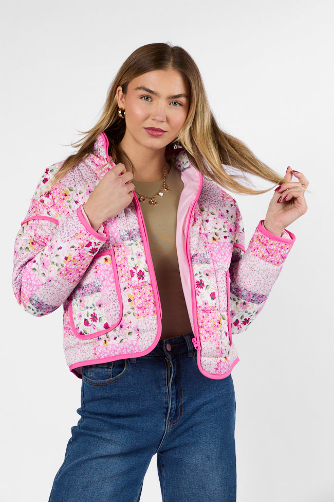 Going For It Floral Printed Zip Up Jacket