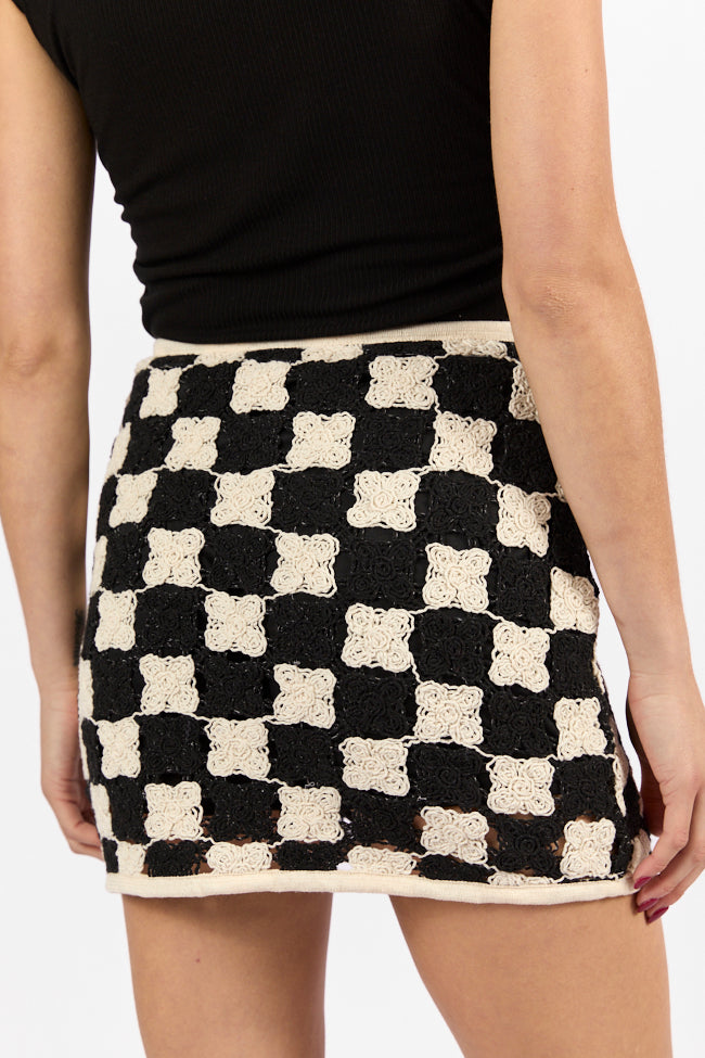 Check On Me Black and Cream Checkered Crochet Mini Skort