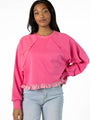 Away We Go Cropped Pink Gingham Ruffle Hem Crew Neck Sweatshirt