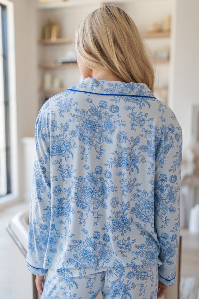 Under The Stars In Blue Floral Fantasy Long Sleeve Bamboo Pajama Top