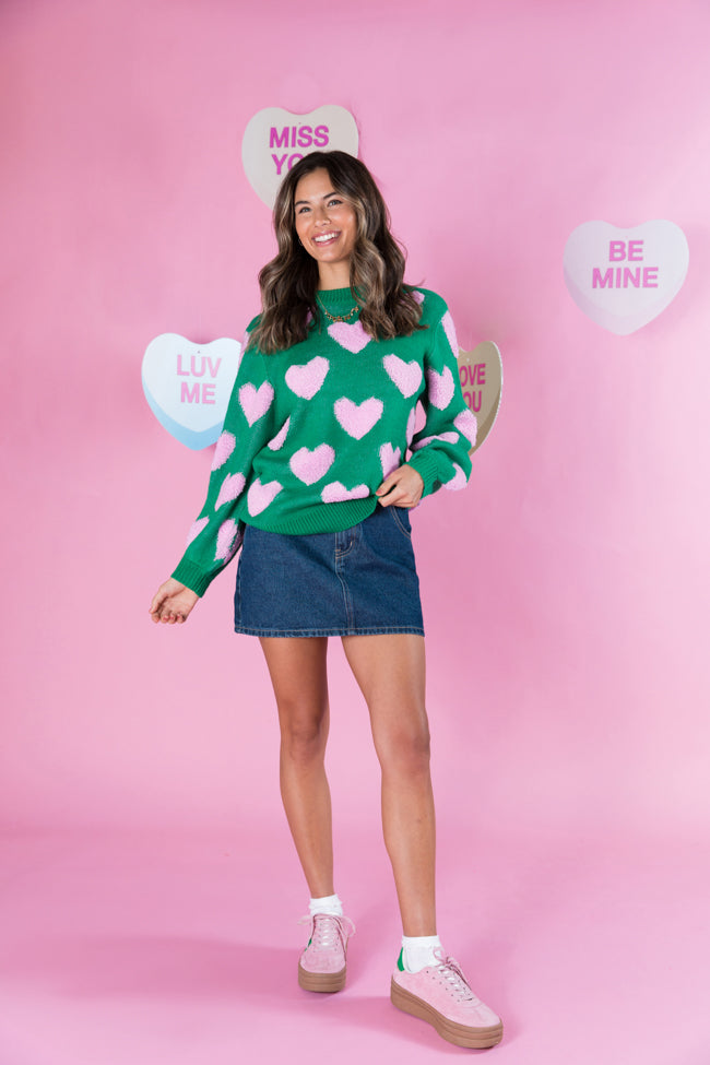 I'll Be There Green Fuzzy Heart Sweater FINAL SALE