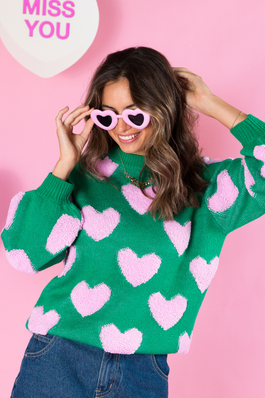 I'll Be There Green Fuzzy Heart Sweater FINAL SALE